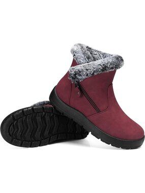 Women's Red Winter Snow Boots Waterproof Ankle Warm Fur Lined Boots Non-Slip
